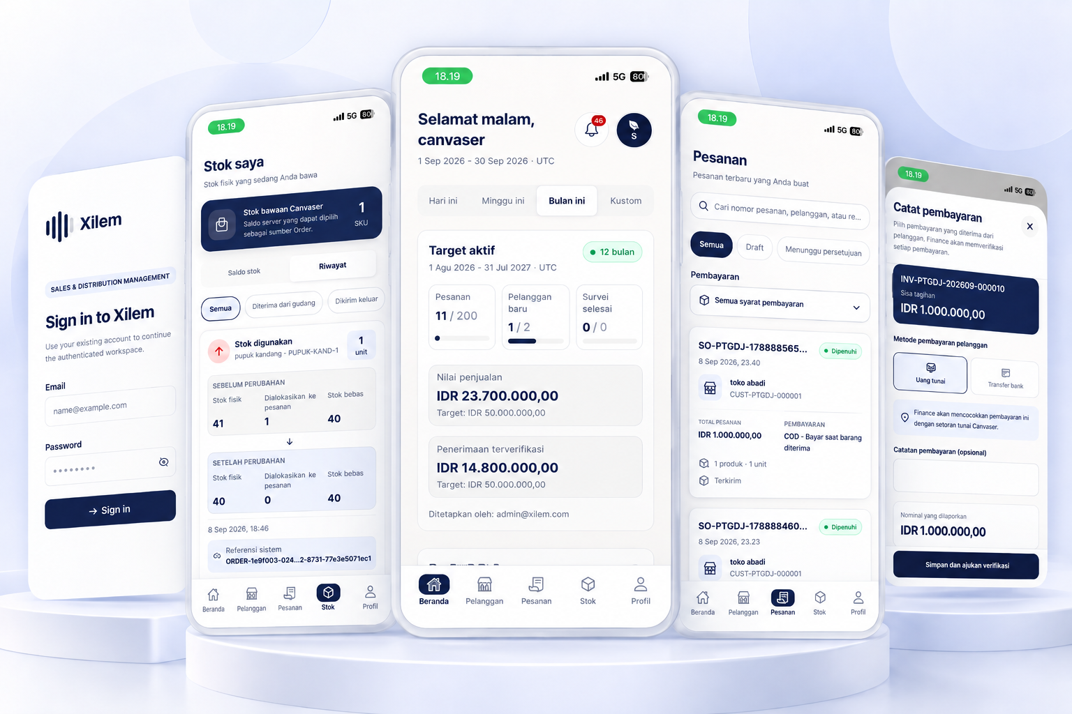 Xilem mobile app product showcase with sign-in, carried stock, sales targets, orders, and payment recording screens